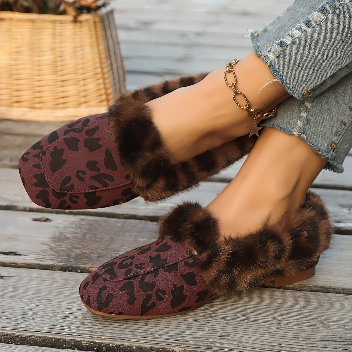 Women’s Leopard Print Plush Slippers Warm Faux Fur Indoor Shoes