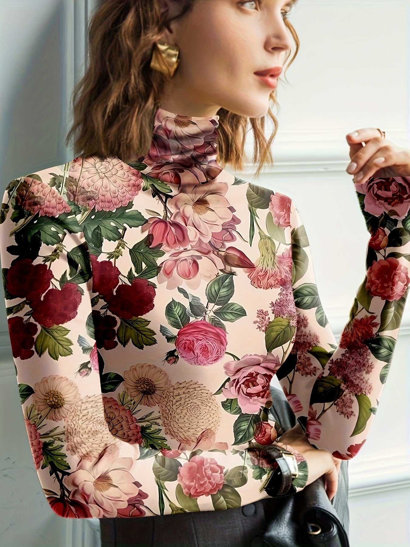 Women's Plus Size Floral Print Long Sleeve T-Shirt Polyester High Neck Casual Top