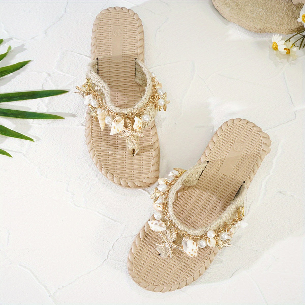 Women's Summer Slip-On Sandals with Braided Jute Straps Shell Charms