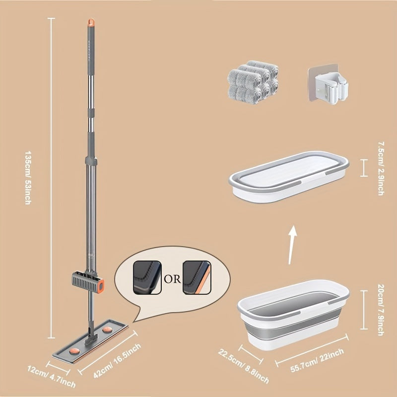 Yassi mop va bukletli kova to'plami, aylanadigan bosh va qayta ishlatiladigan mato bilan