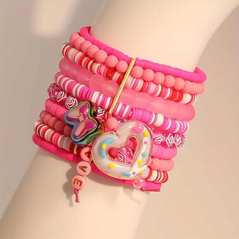 Pink Resin Beaded Bracelet with Heart and Butterfly Charms for Women
