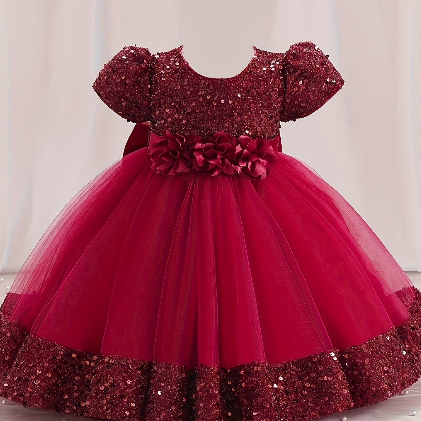 Girls Sparkling Midi Dress with 3D Flower Decor Sequin and Belt for Weddings Parties