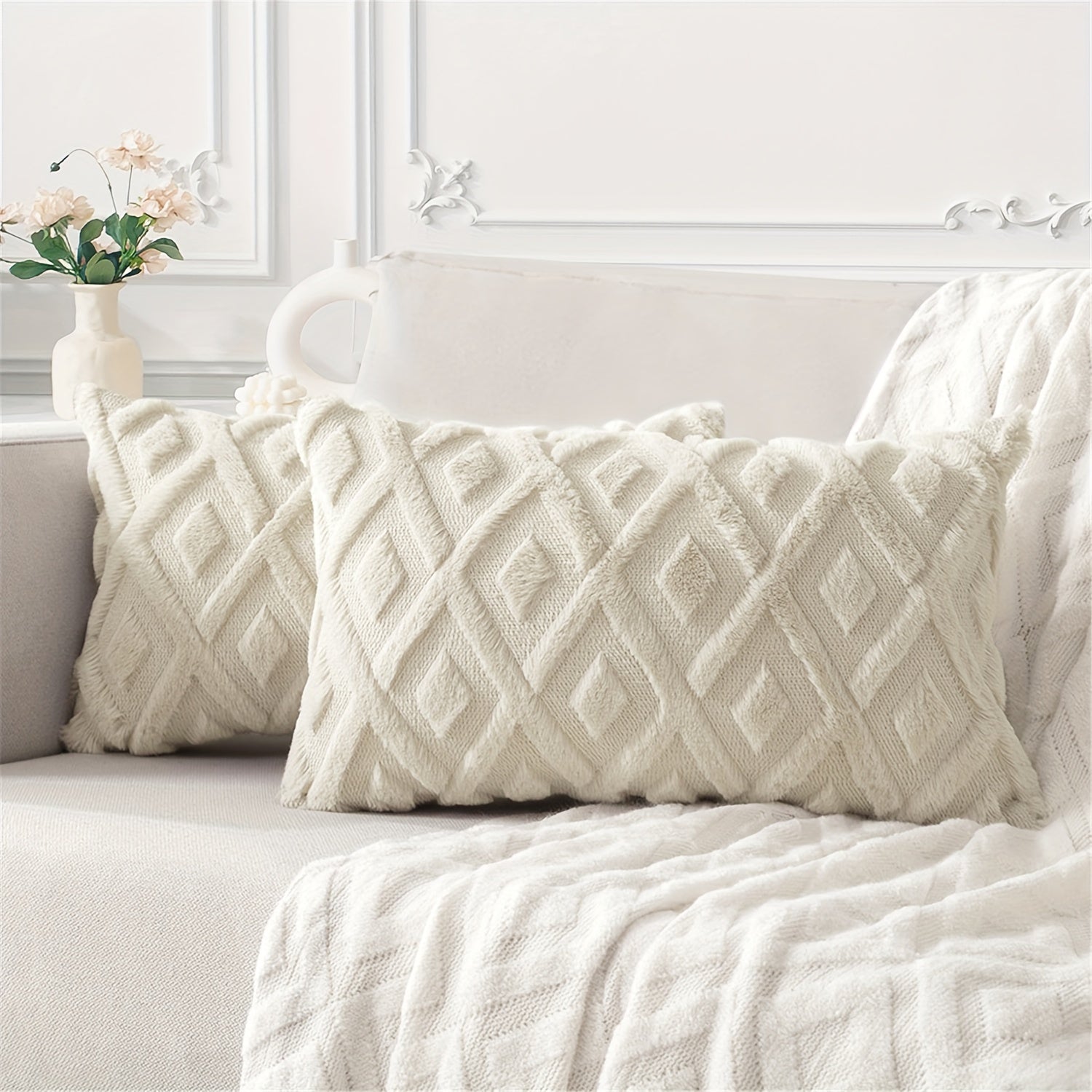 Beige Faux Wool Throw Pillow Covers 18x18 Inches for Couch Sofa Decor