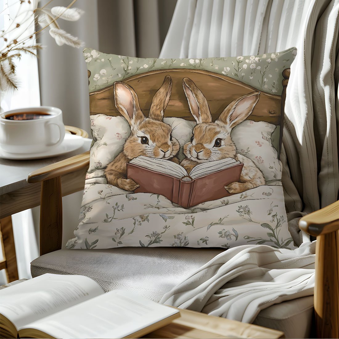 Easter Cartoon Rabbit Storybook Sofa Throw Pillow Cover 45x45cm Peach Skin Fabric