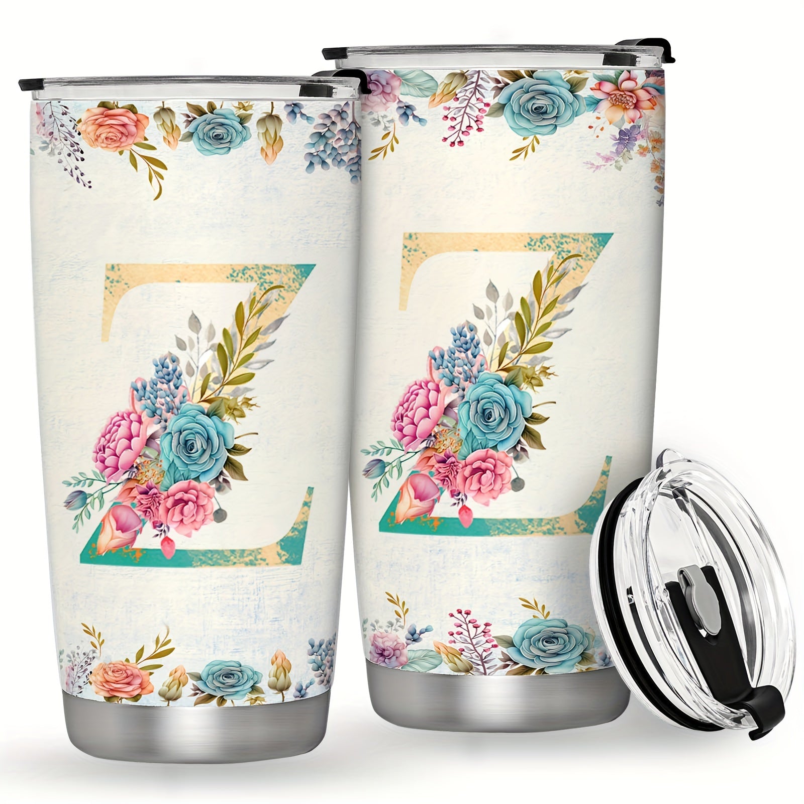 20oz Stainless Steel Tumbler with Monogram Floral Design Leak Proof Lid for Outdoor Use