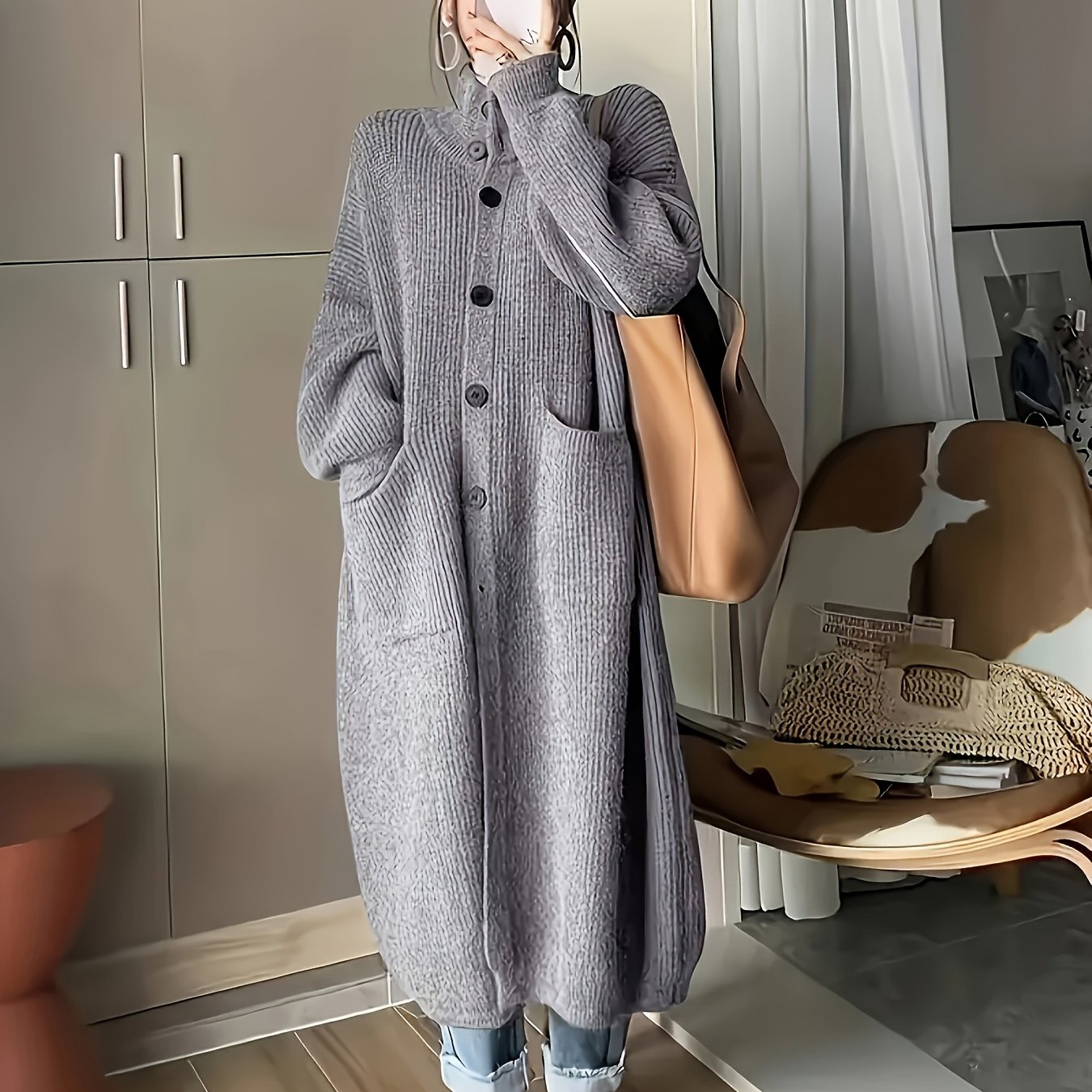 Plus Size Gray Knit Cardigan for Women Casual Fall Winter Long Sleeve Pockets Stand Collar