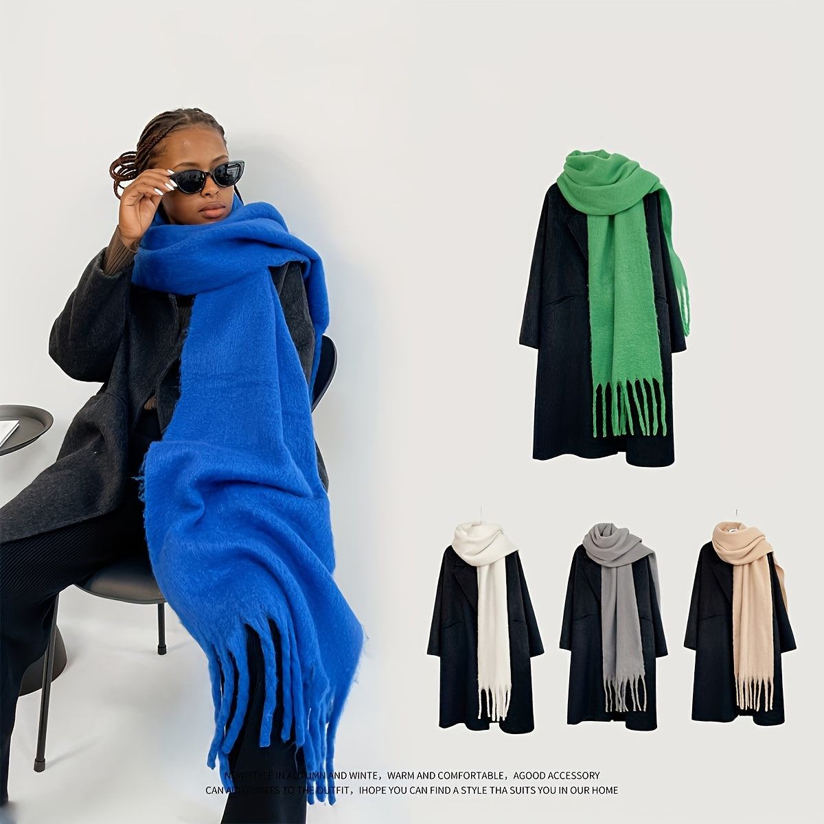 Qalinlangan tassellar bilan qalin rangli qishda sharf