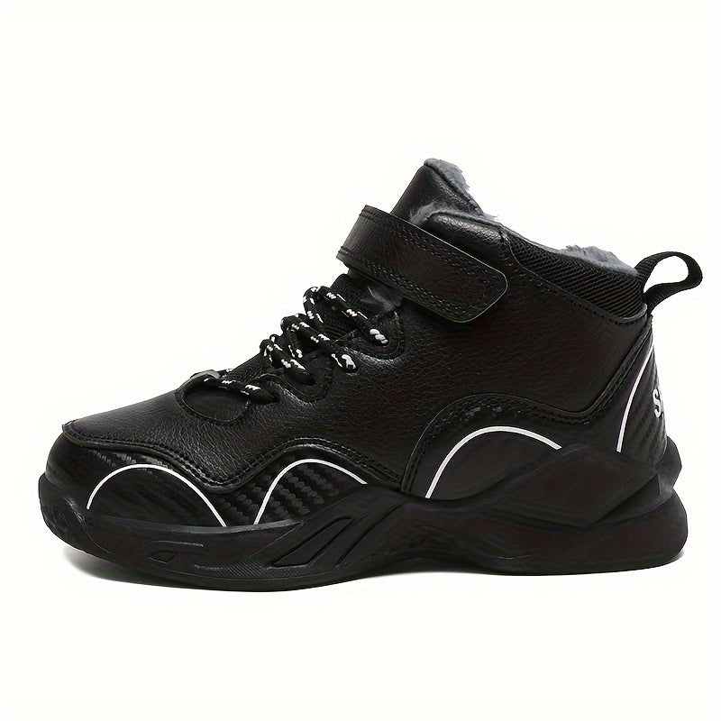 Kids Winter Basketball Sneakers High-Top Fleece-Lined Non-Slip Casual Outdoor Black White