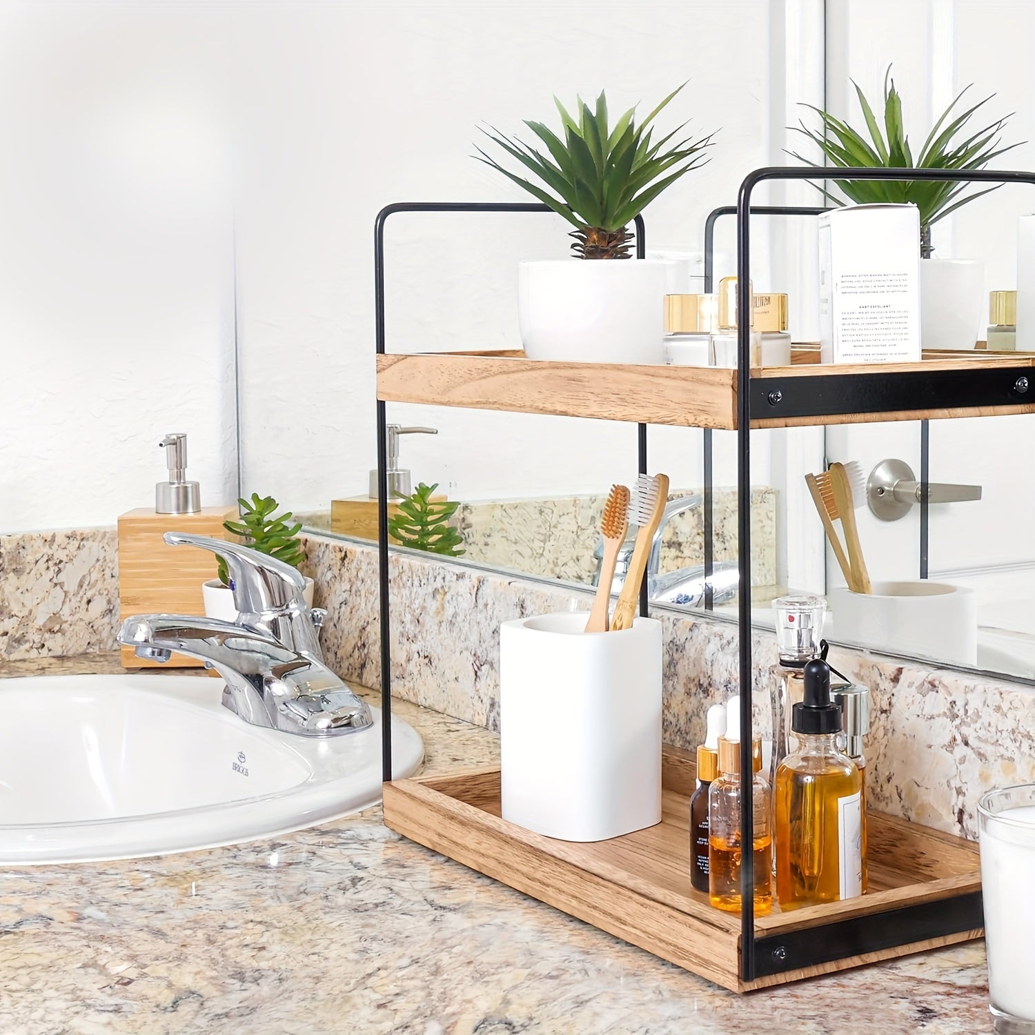 2/3-Tier Solid Wood and Metal Display Rack for Kitchen Bathroom Countertop Organizer