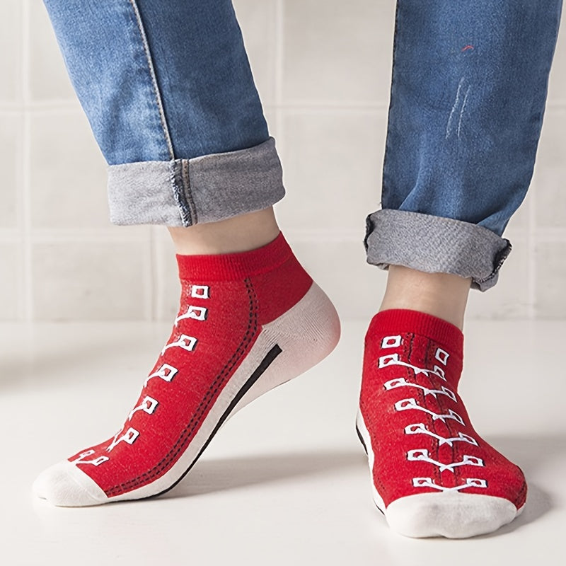 Men's Ankle Socks 5 Pairs Cartoon Shoelace Print Breathable Sweat-Absorbing
