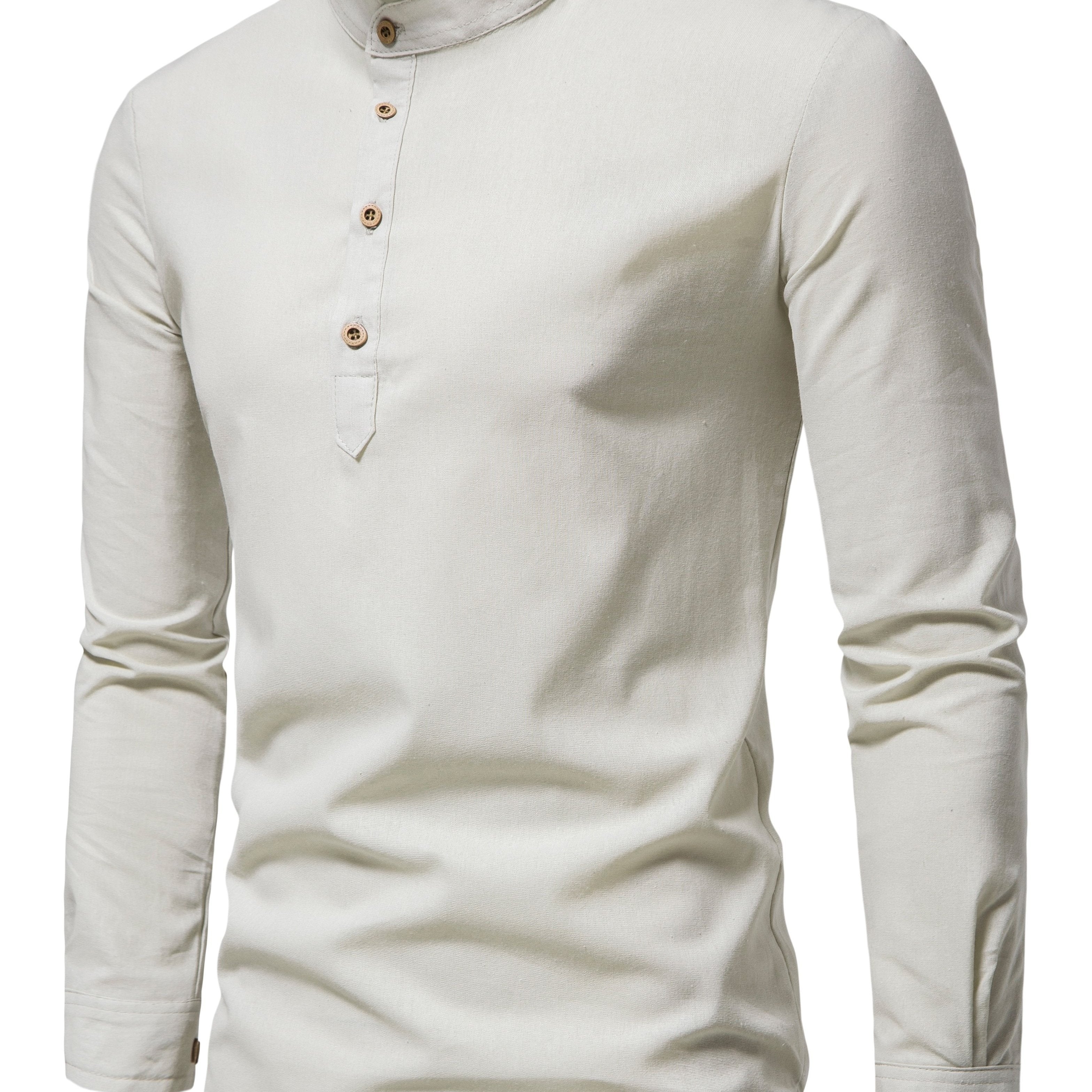 Men's Cotton Solid Long Sleeve Stand Collar Shirt for Summer Outdoor Activities