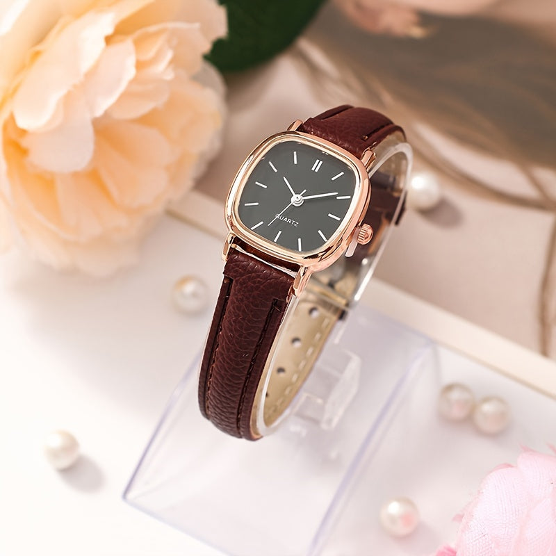 Women's Wristwatch with Synthetic Leather Band Quartz Rectangular Dial Electronic Drive