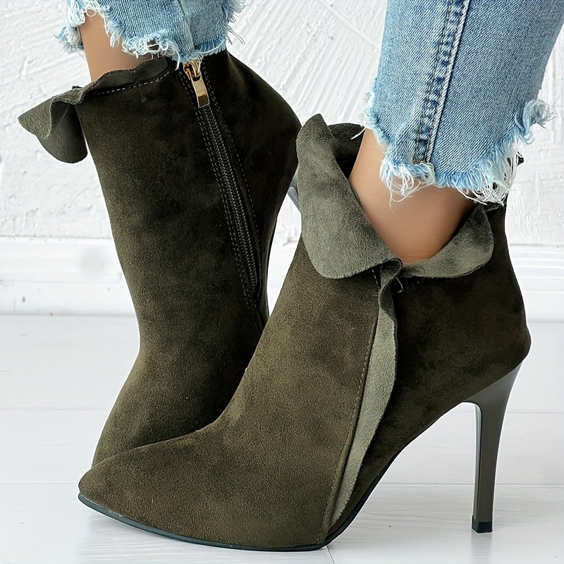 Women's Solid Color Stiletto Ankle Boots with Pointed Toe and Side Zipper
