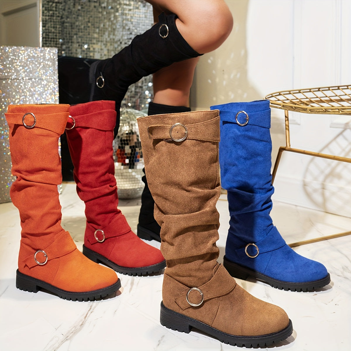 Women's Slip-On Mid-Calf Boots Solid Color Flat Heel Fabric Lining