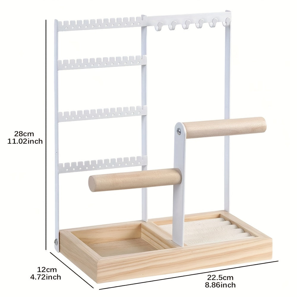 White Wooden Jewelry Organizer Stand with 5 Tiers and Iron Necklace Hooks