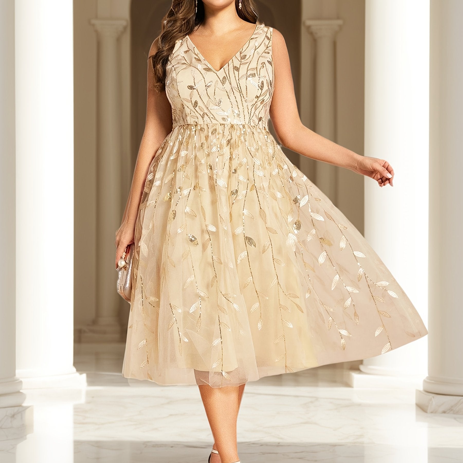 Plus Size Women's V-Neck Sequin Sleeveless Evening Dress for Parties