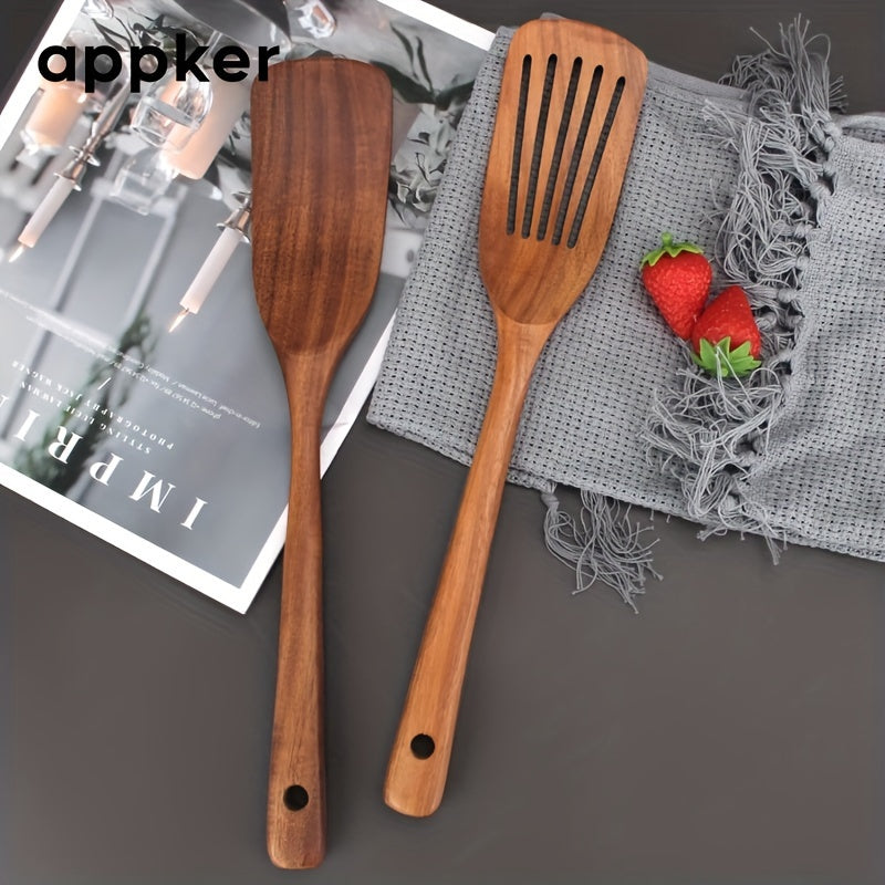 Juego de espátulas de madera de acacia, utensilios de cocina antiadherentes para cocinar y voltear