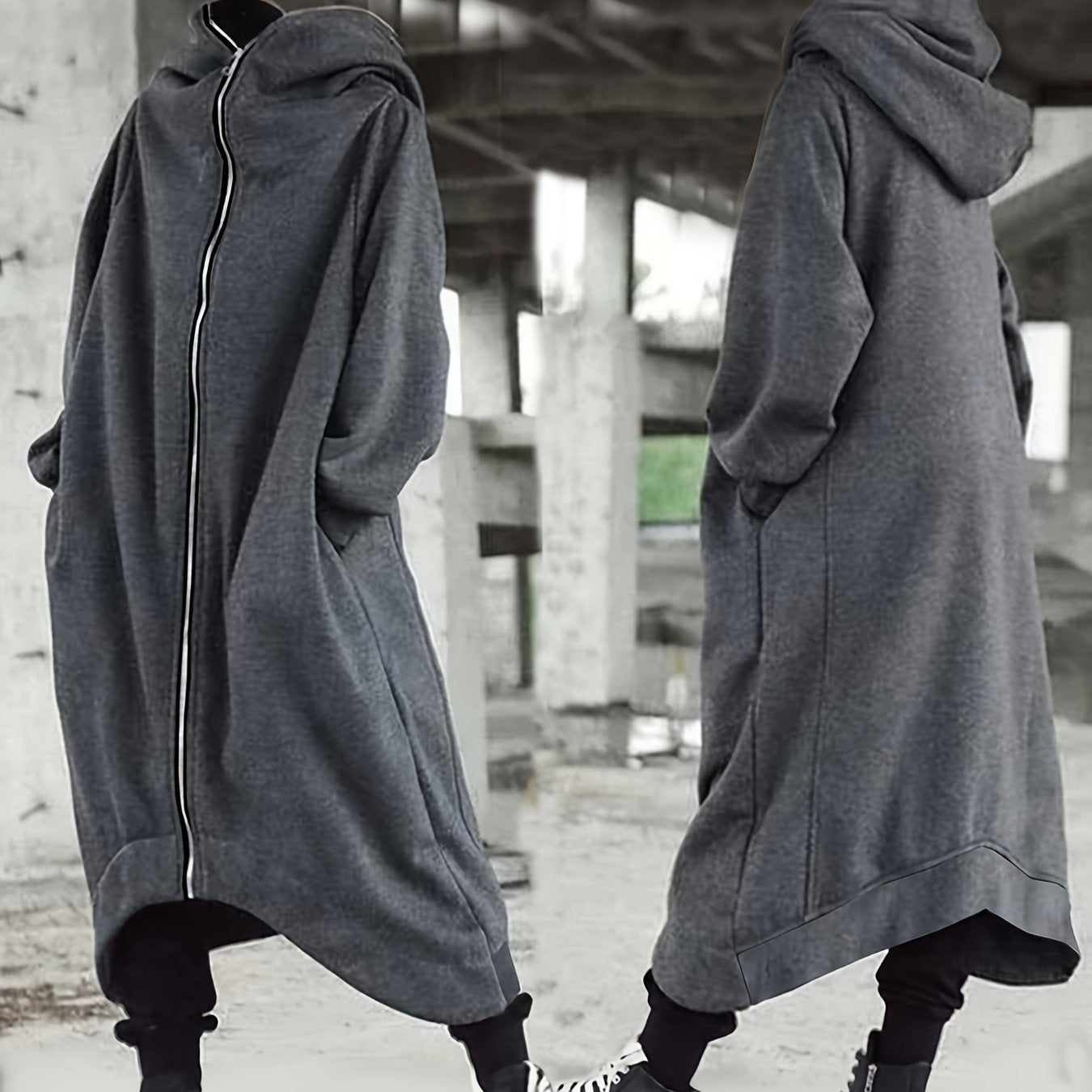 Women's Black Oversized Hoodie with Full Zip and Front Pockets for Fall Winter Casual Style