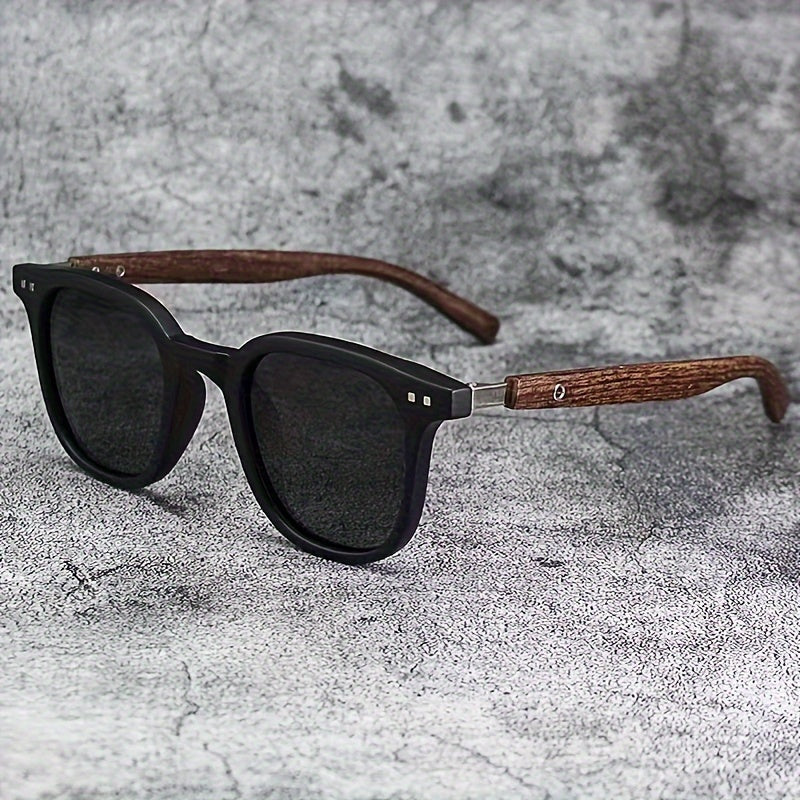 Square Frame Retro Eyewear with Wood Grain Detail Anti-Reflective Plastic Lenses
