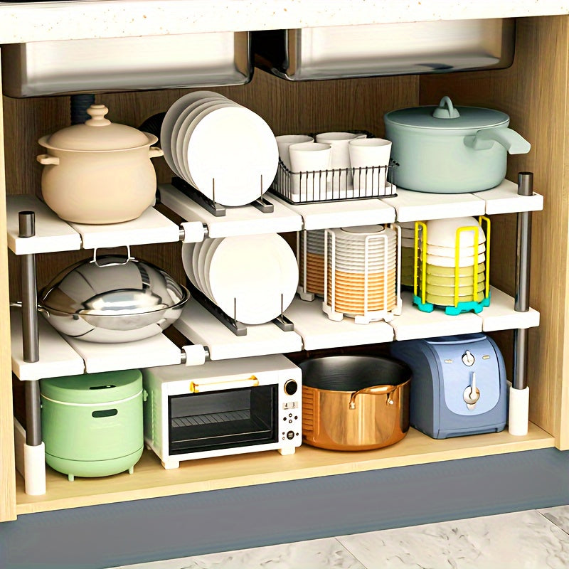 Регулируемый раздвижной кухонный органайзер под раковиной - прочная пластиковая полка для хранения в шкафах и столешницах, идеально подходит для столовых приборов
