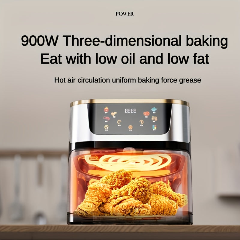 Family size electric air fryer with temperature control, non-stick coating, 10 preset touch options, and multiple cooking functions
