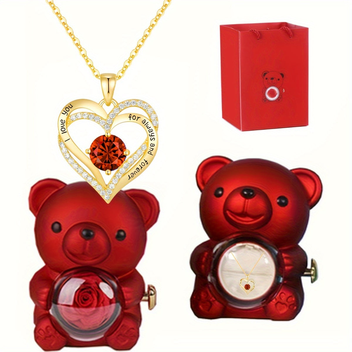 Women’s Gold Plated Bear Pendant Necklace with Rose and Cubic Zirconia December Birthstone
