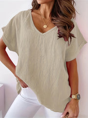 Plus Size Women's V-Neck Loose Fit Casual Blouse Breathable Solid Color Summer Shirt