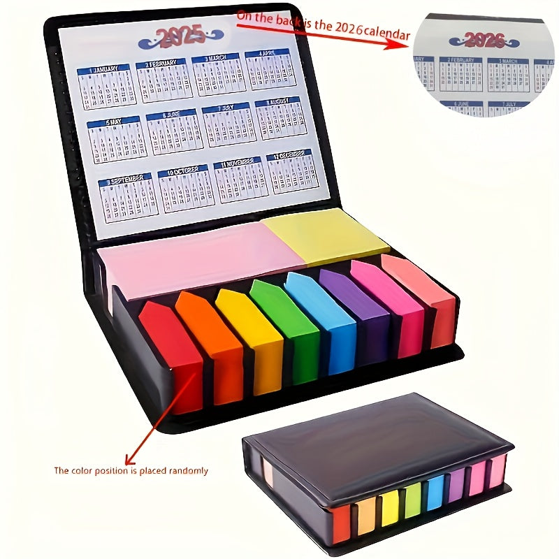 Colorful Sticky Notes Organizer with Faux Leather Box and 2025-2026 Calendar
