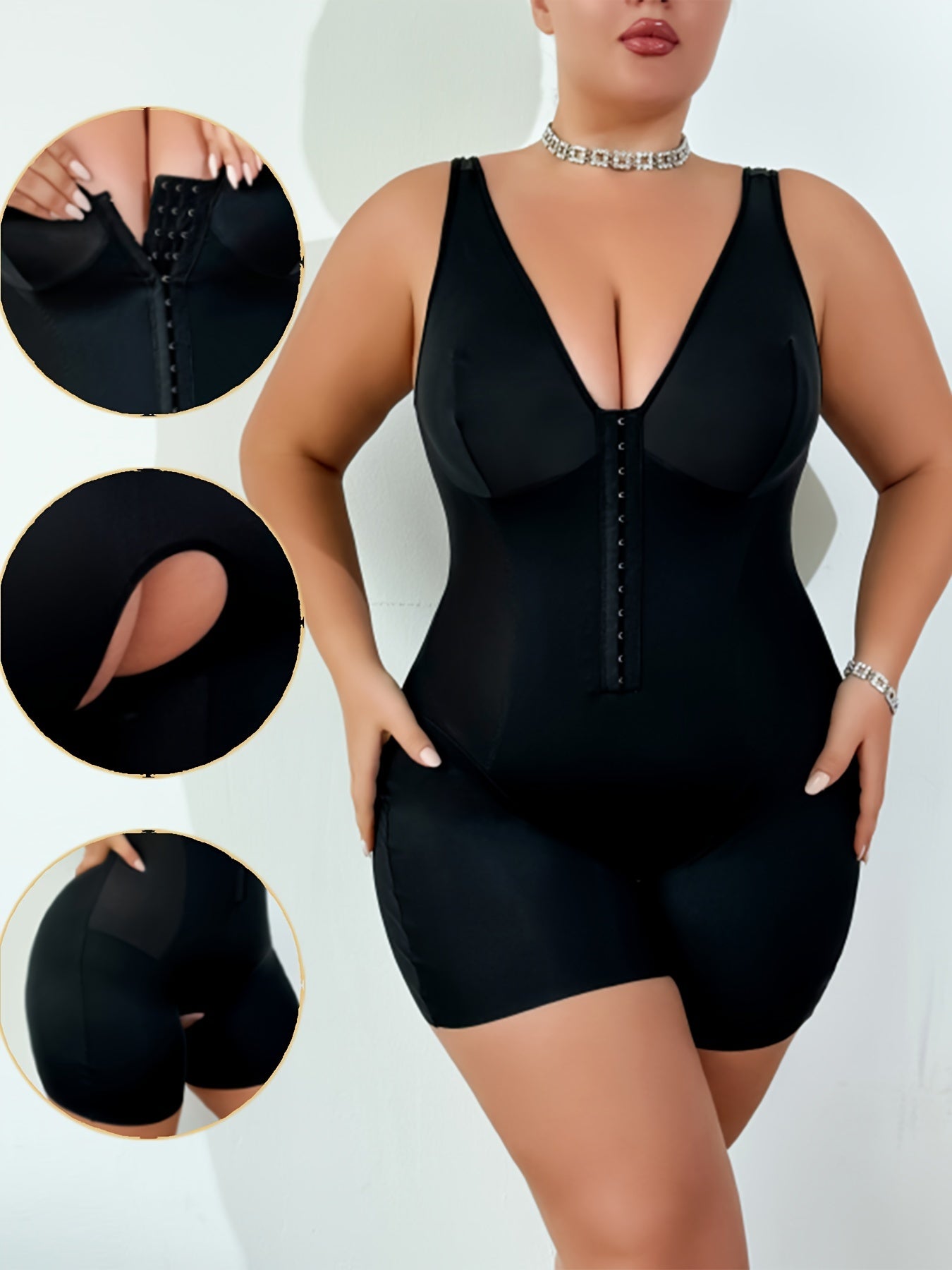 Plus Size Sleeveless Bodysuit with Front Closure and Open Crotch