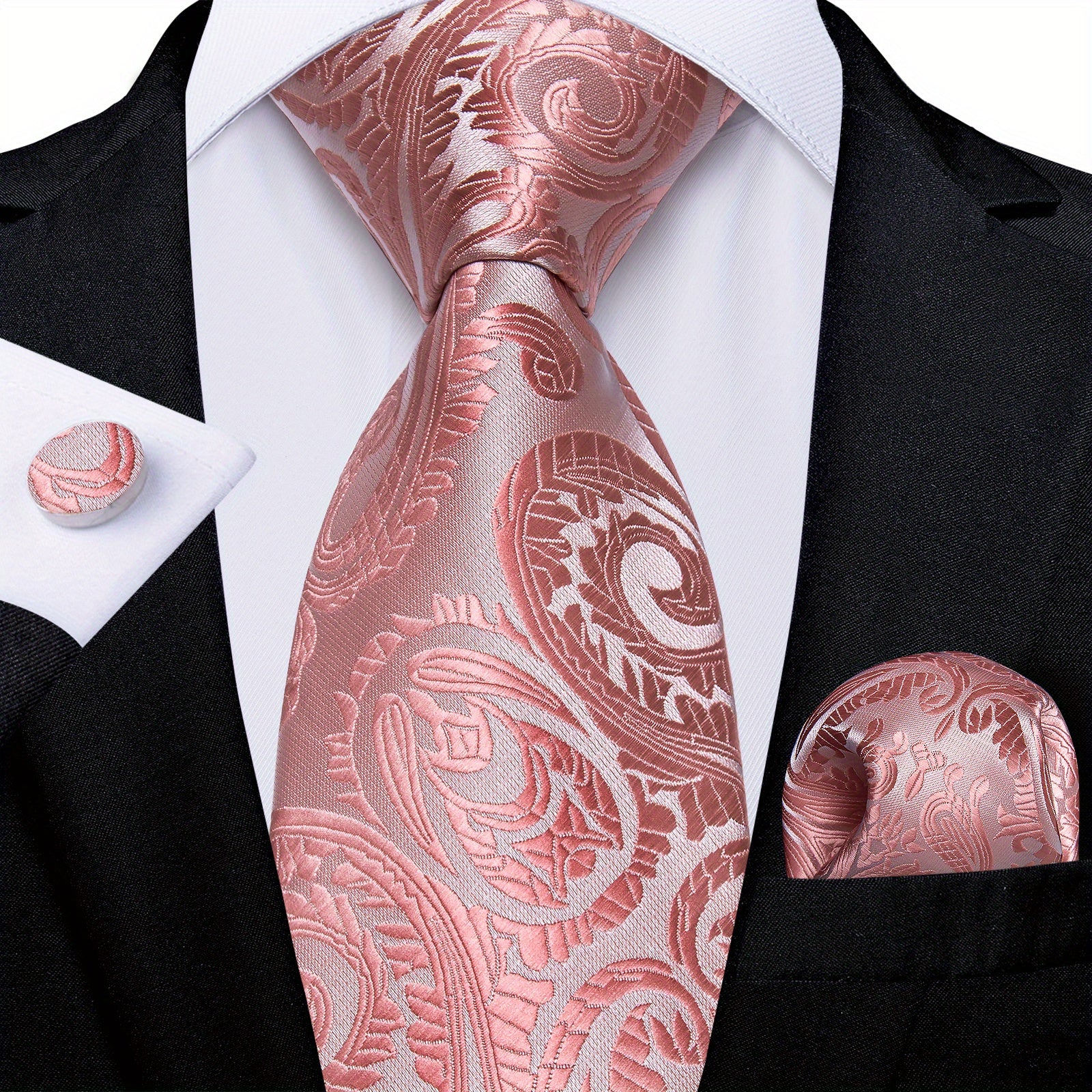 Stylish Men's Pink Patterned Tie Set with Pocket Square, Hanky, and Cufflinks - Perfect for Weddings or as a Gift