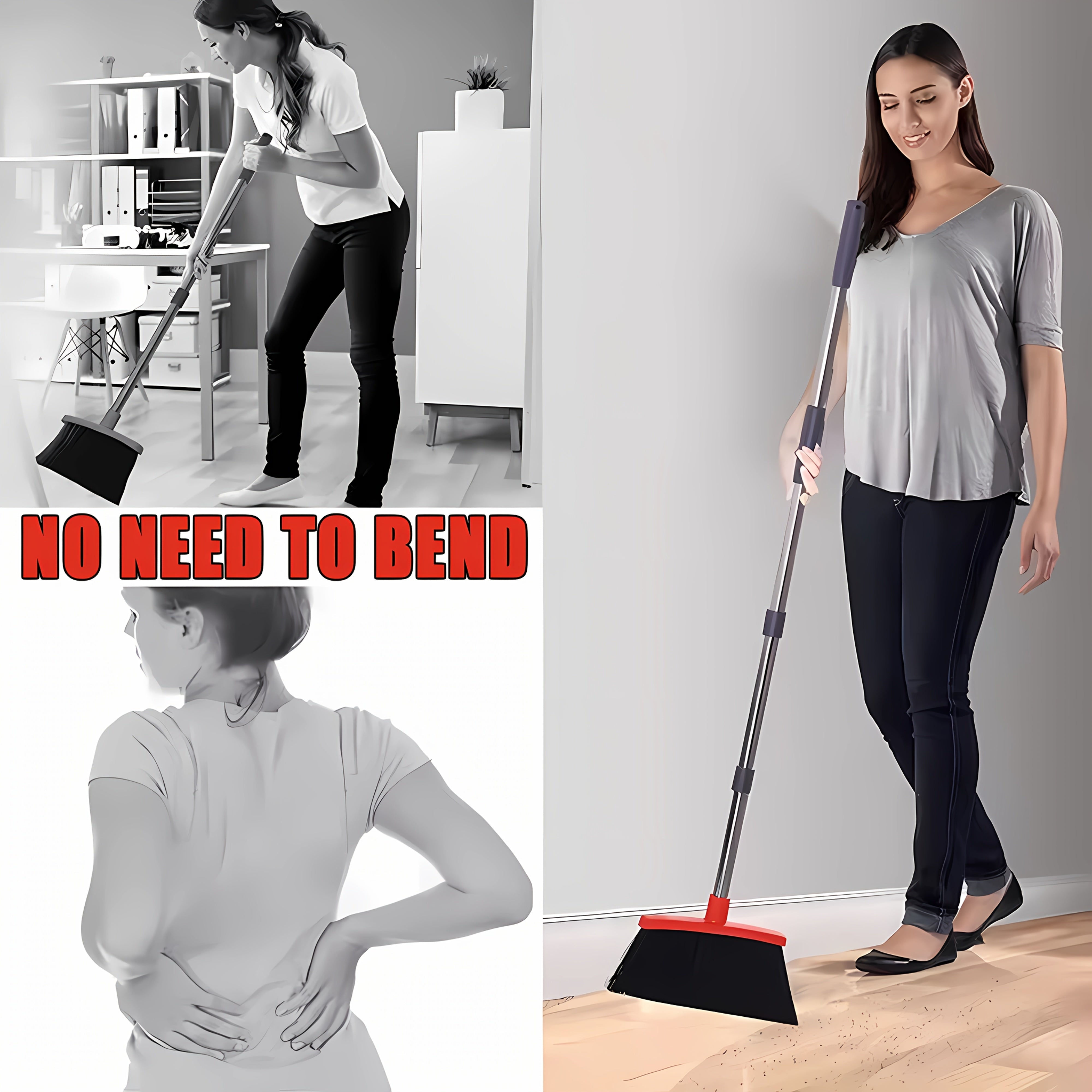 Conjunto de escoba y recogedor de múltiples superficies en negro y rojo con dientes autolimpiables