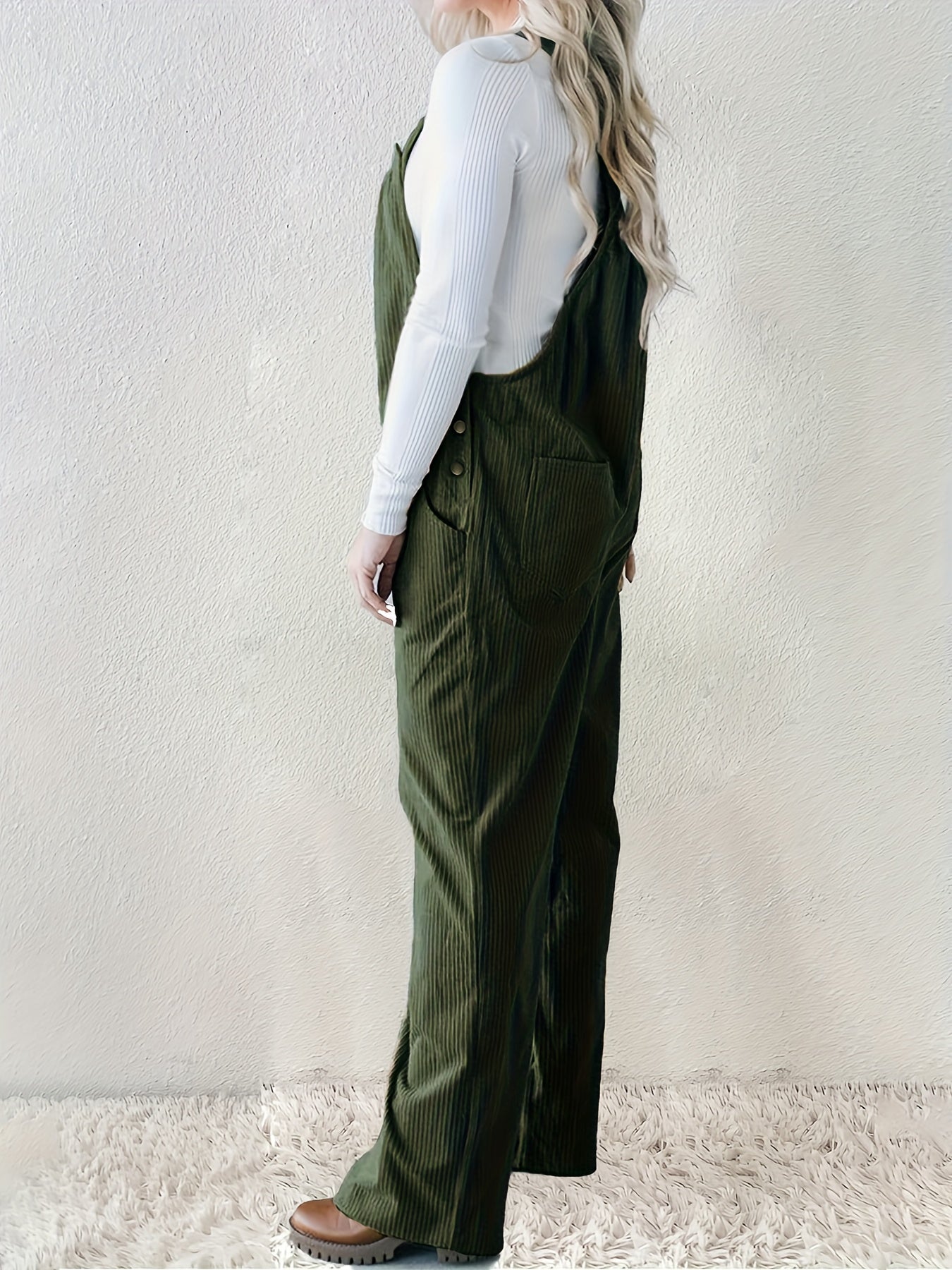 Plus Size Corduroy Overalls Jumpsuit with Pockets for Women Polyester Fall Winter