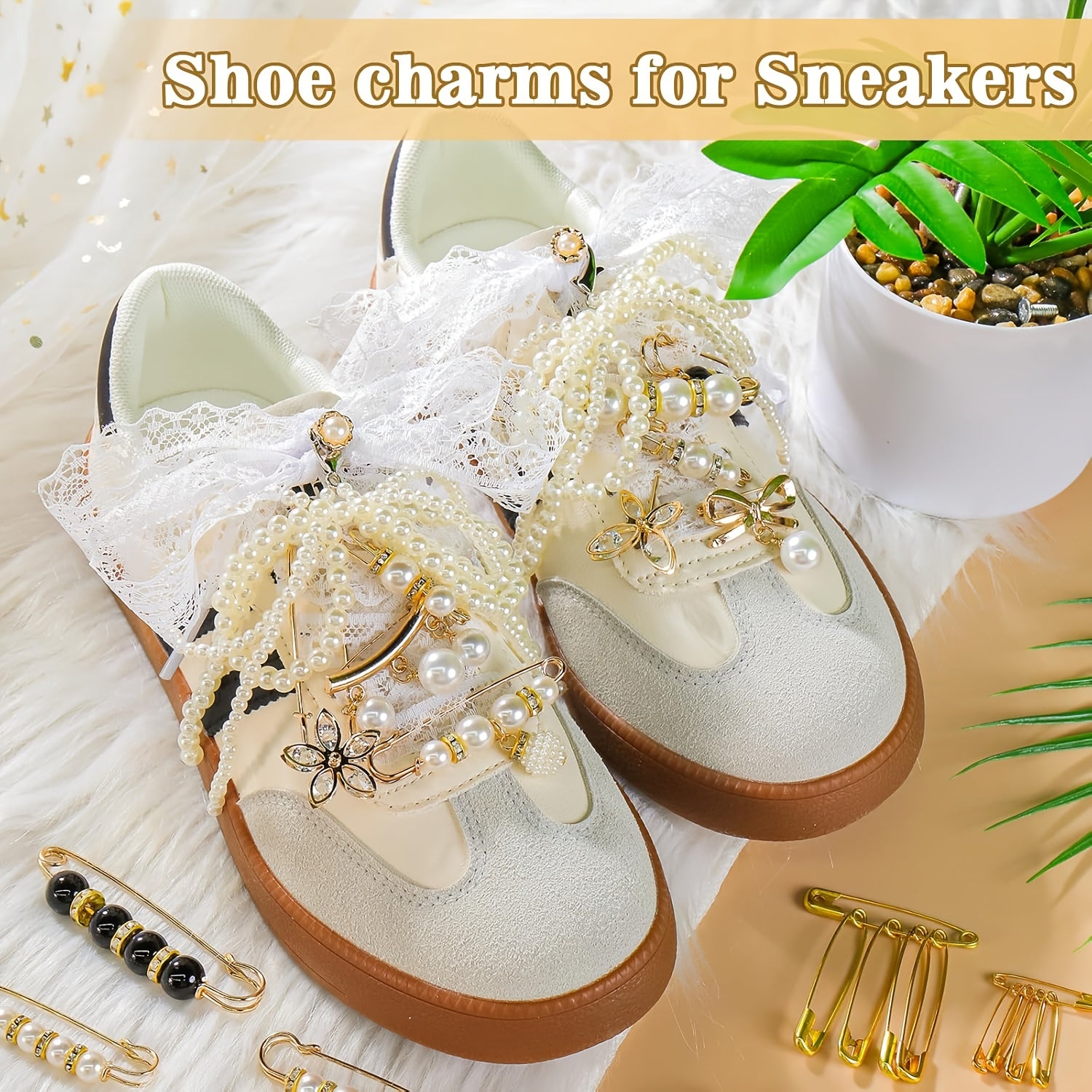 Women Sports Shoe Socks Set With Pearl Shoelace Decorations and Brooches