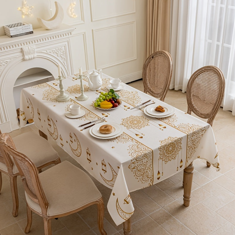 Bohemian Geometric Ramadan Eid Al-Fitr Tablecloth with Golden Moon and Star Design 100% Polyester