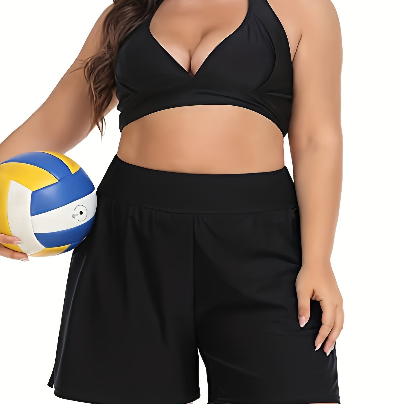 Plus o'lcham ayollar uchun to'liq rangli yuqori belli cho'ntakli bo'lakli shortlar yozgi kundalik