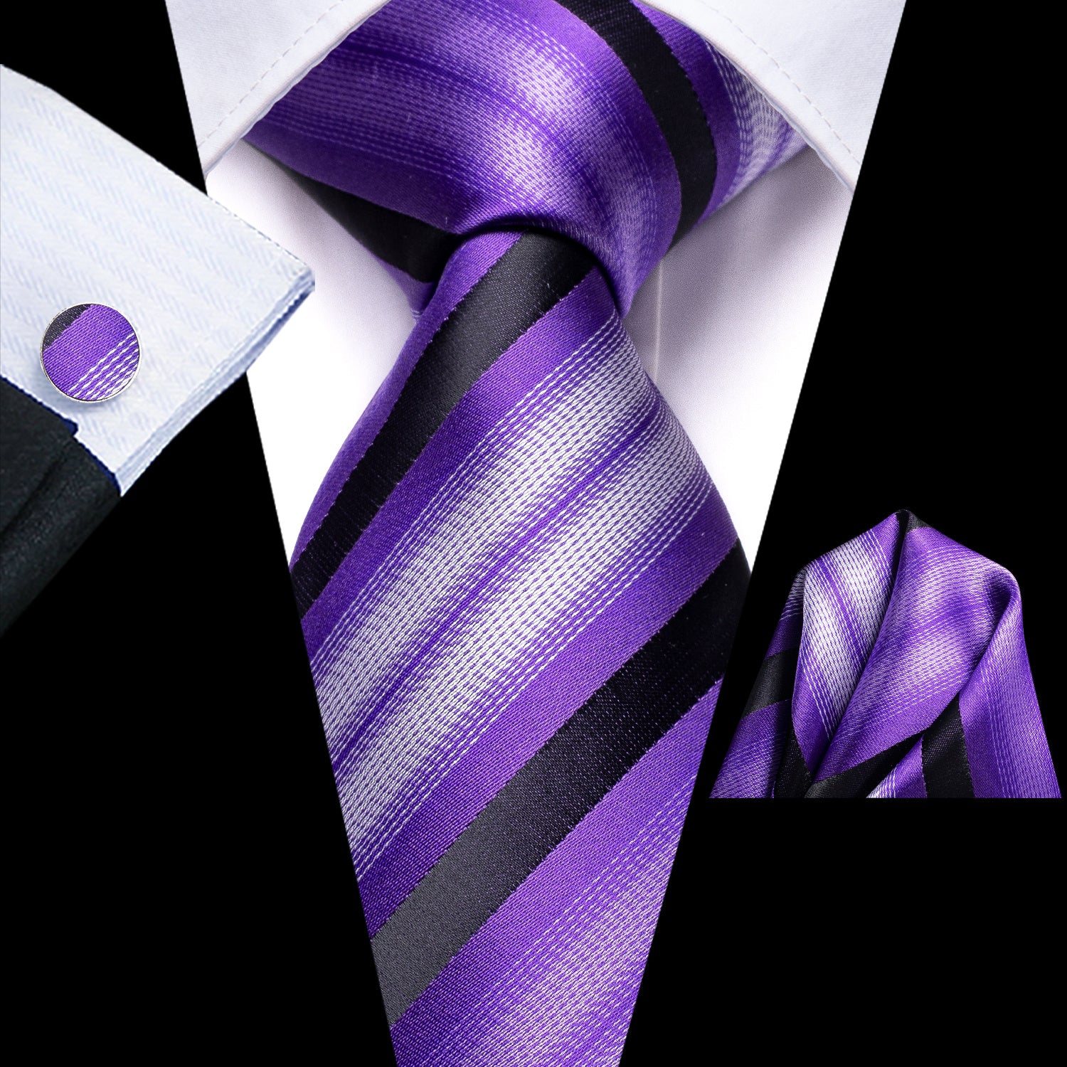 Striped Necktie Set with Cufflinks for Business, Parties, Weddings