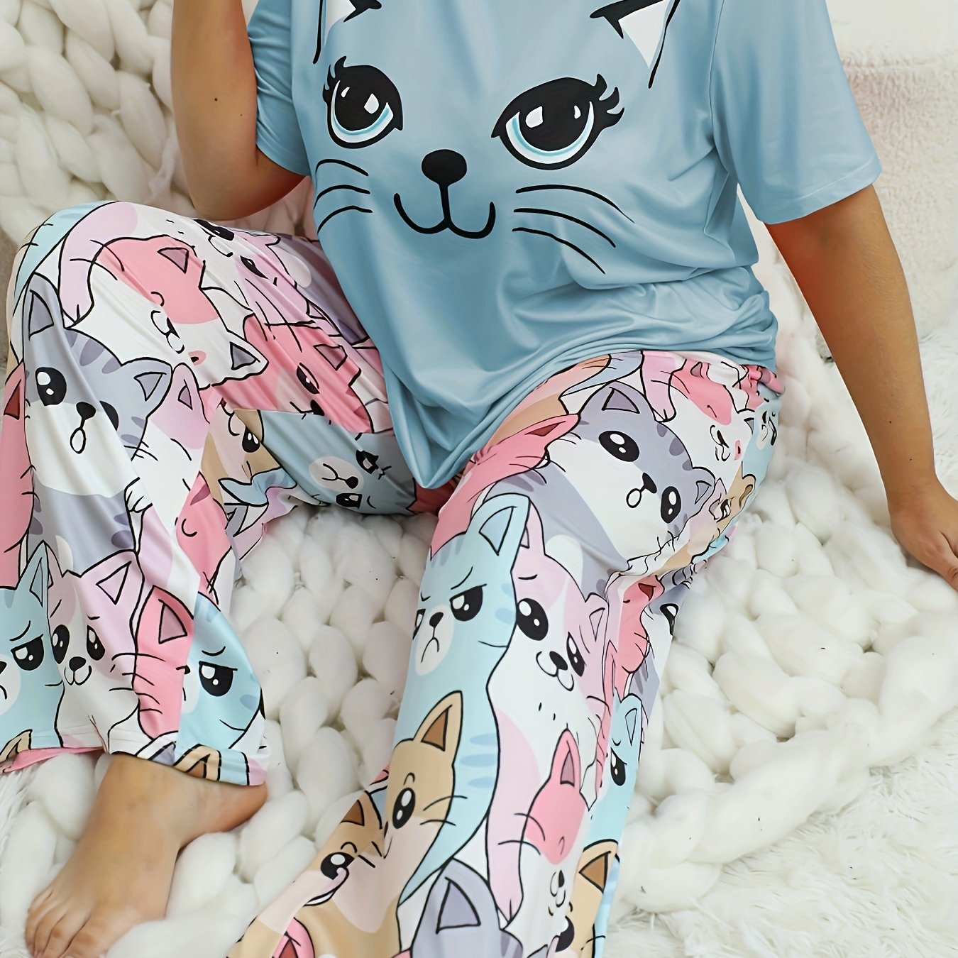 Women's Plus Size Cat Print Pajama Set Short Sleeve Long Pants Polyester Blend