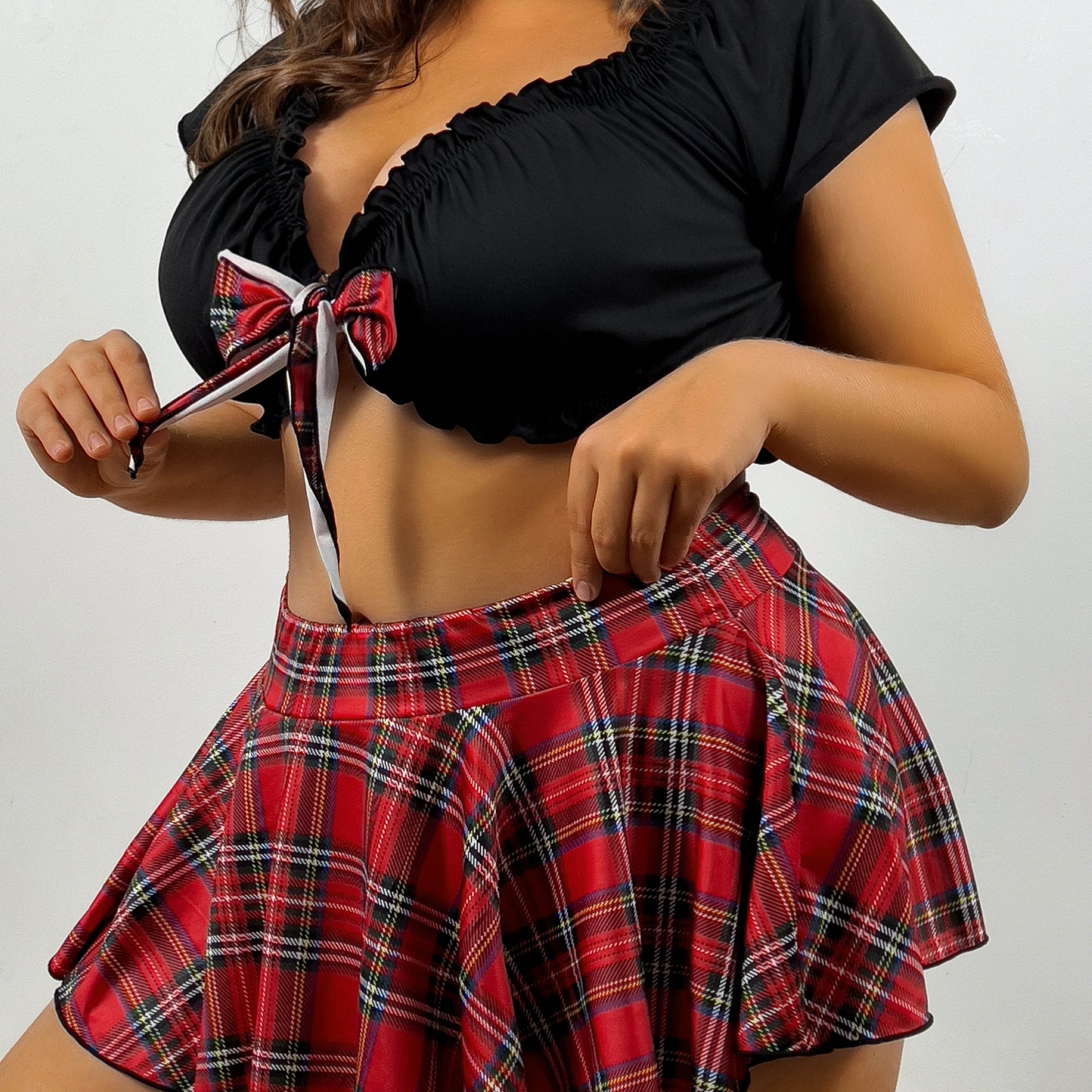 Women's Plus Size Plaid Crop Top Skirt Cosplay Costume Set