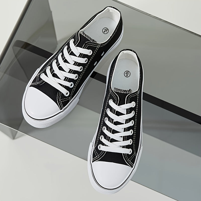 Women's Black and White Low Top Lace-Up Sneakers with Rubber Sole and Fabric Upper