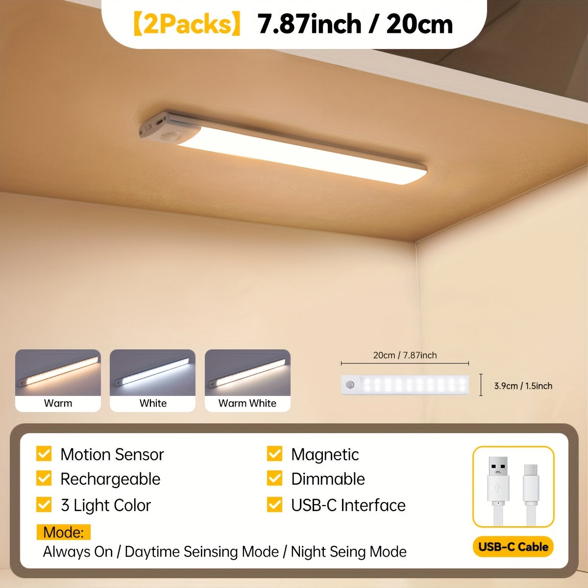 LED Cabinet Light with Infrared Sensor USB Rechargeable Metal Construction