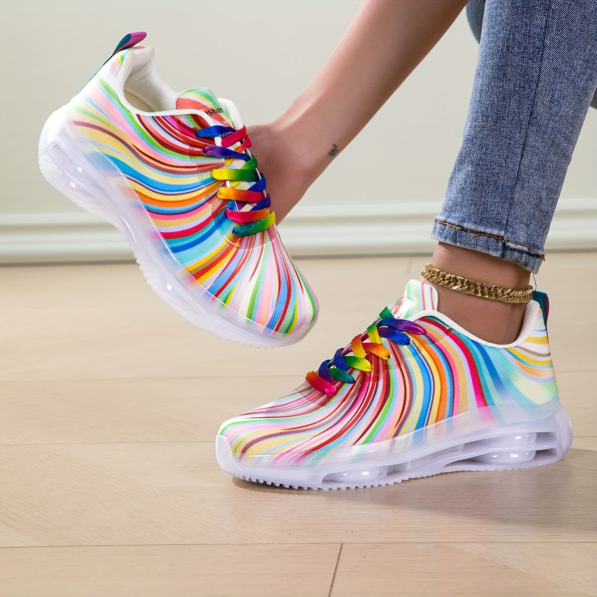 Women's Mesh Lace Sneakers with Rainbow Stripes Casual Flat Shoes for Summer