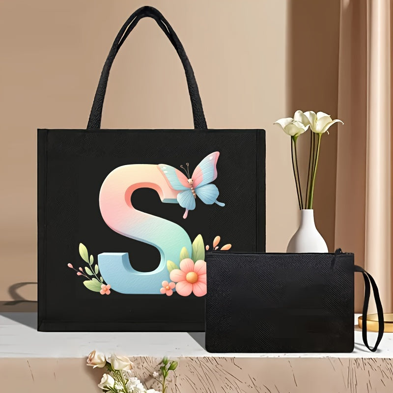 Set of 2 Floral Letter Print Canvas Tote Bags Large Handbag with Clutch Pouch