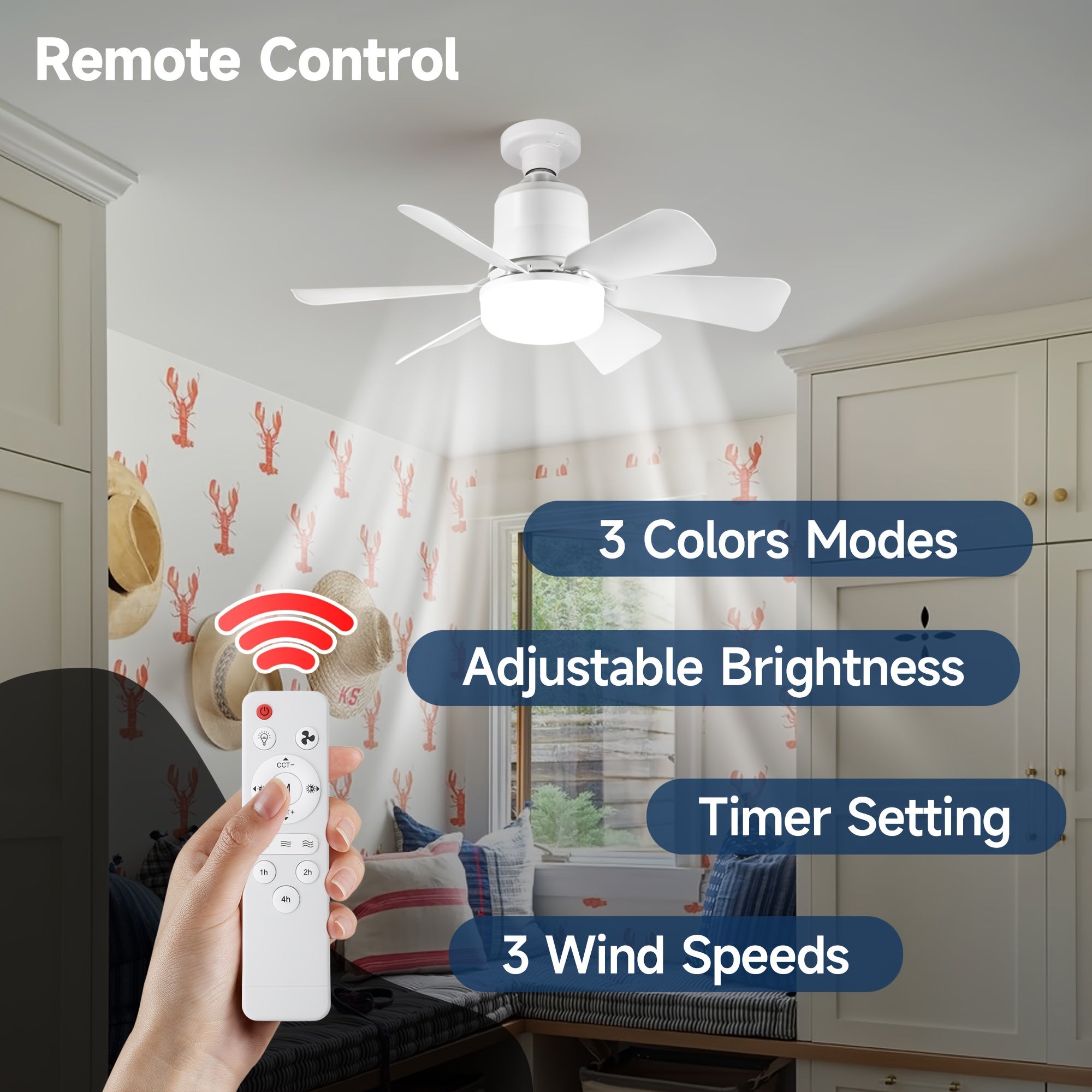 Ceiling fan lights with remote control 3-speed adjustable fan color temperature for small rooms E27 socket