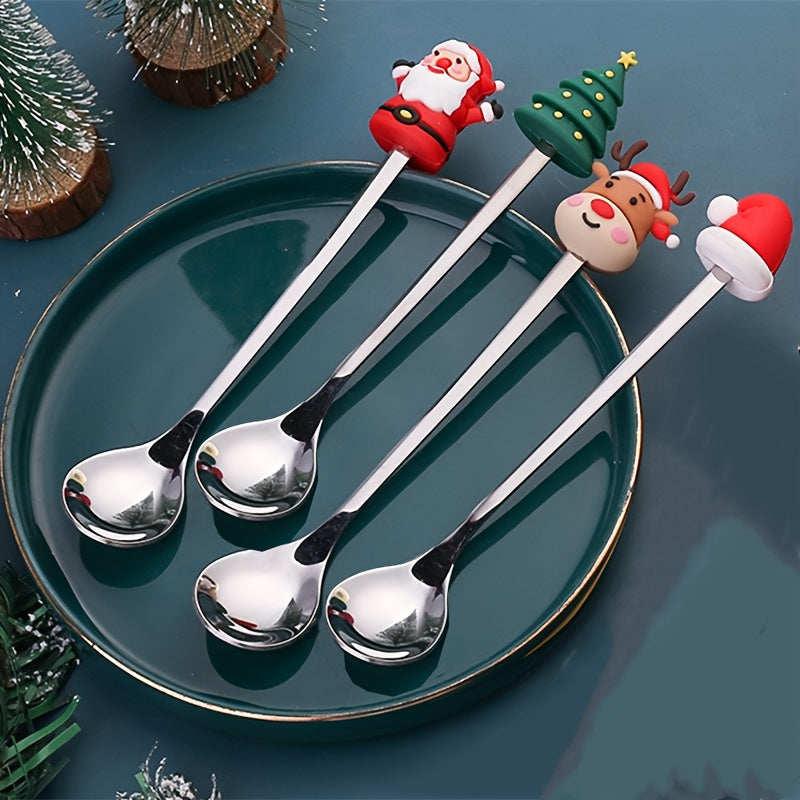 Set of 4 Stainless Steel Coffee Spoons with Santa and Reindeer Christmas Designs