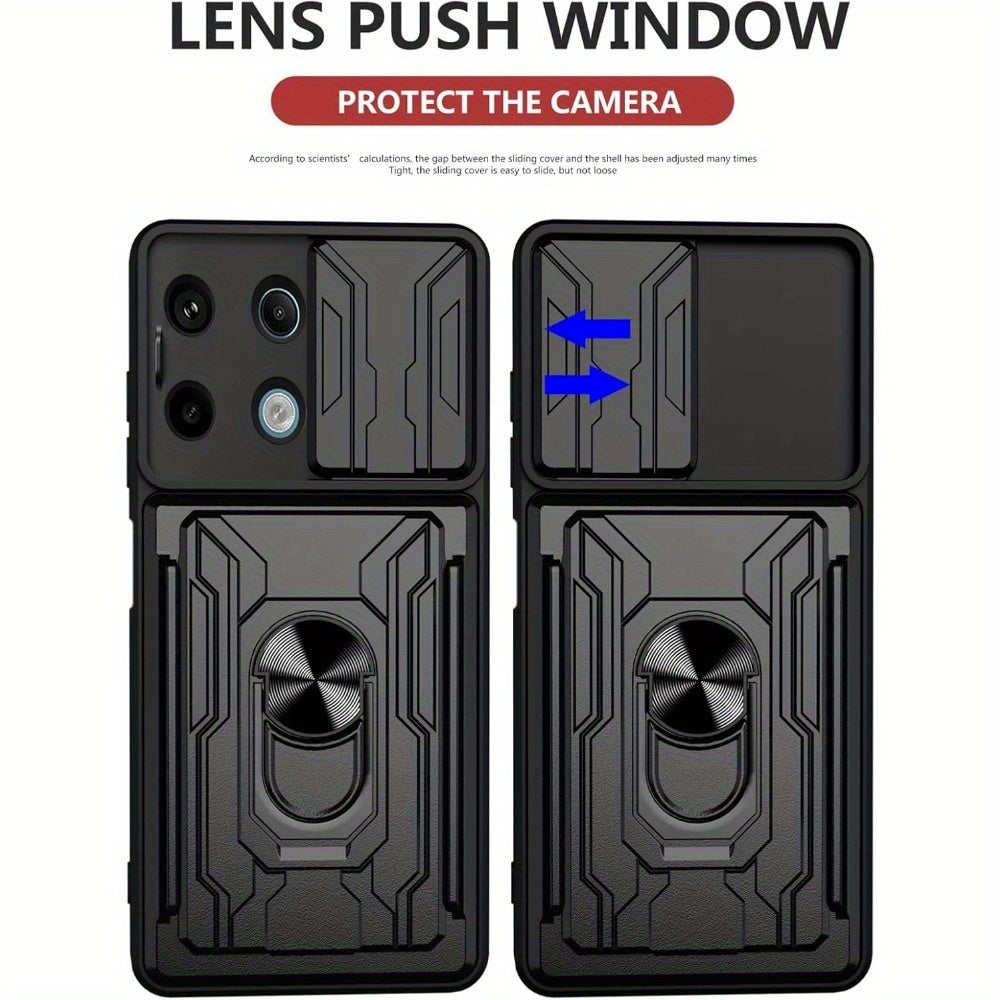 Black PC Phone Case for Xiaomi Redmi Note 13 with Card Holder Camera Cover and Kickstand