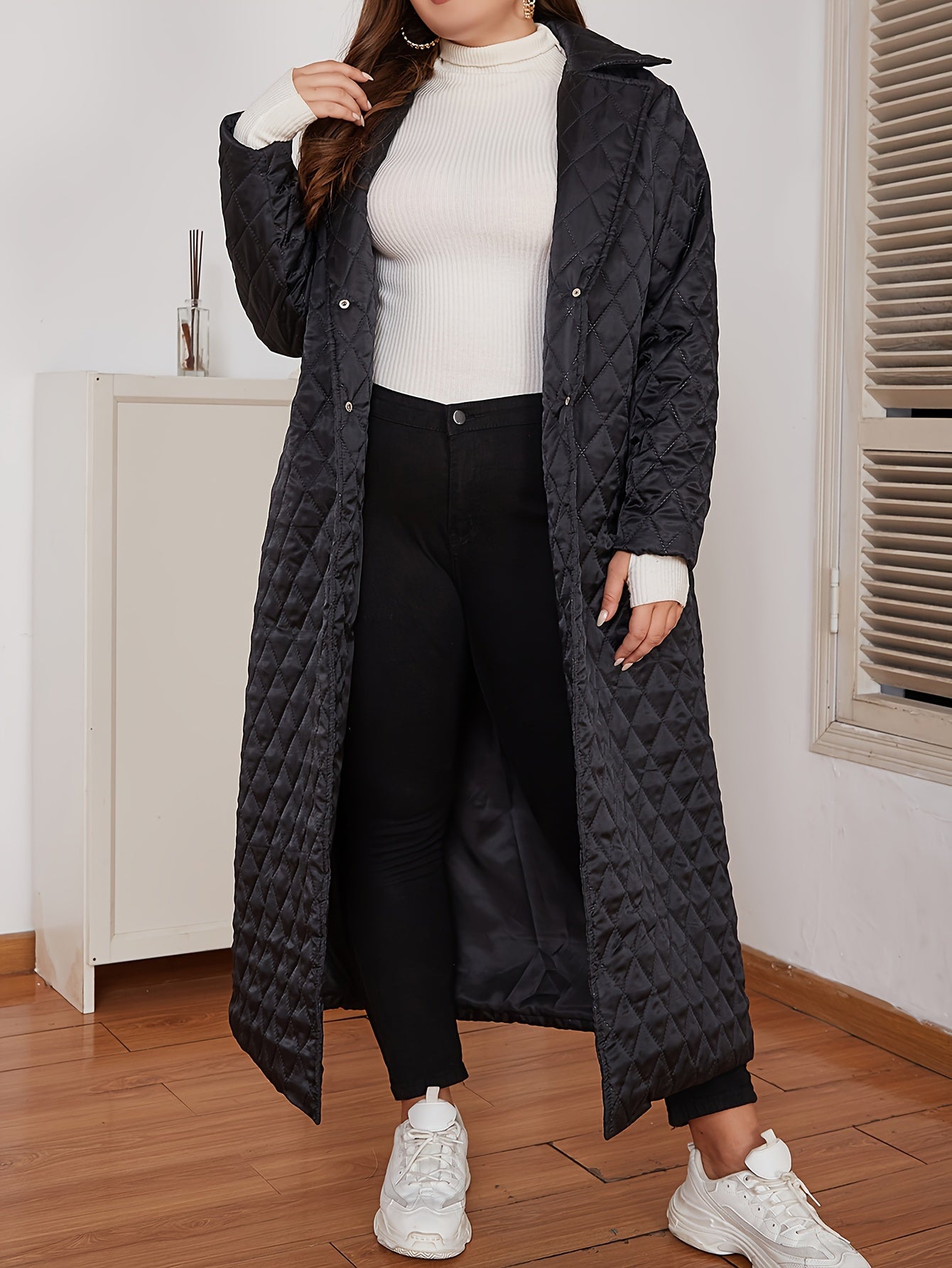 Plus Size Long Coat for Fall Winter Polyester V-Neck Solid Color Casual