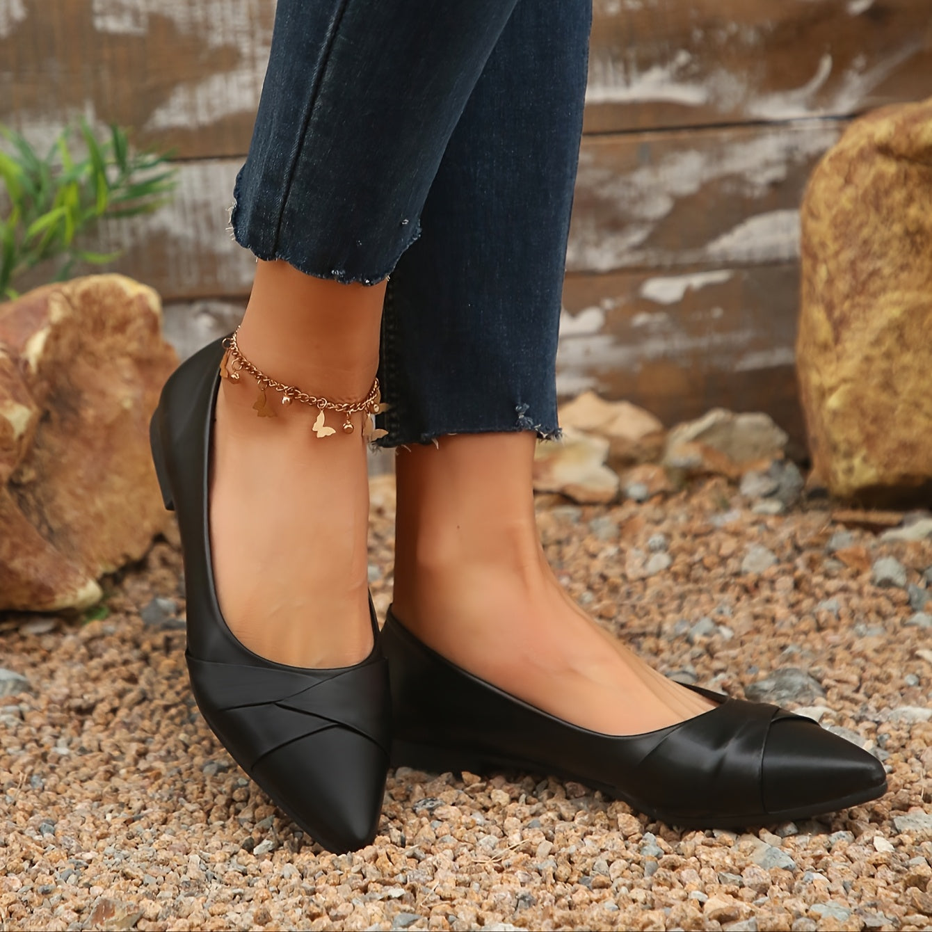 Women's Pointed Toe Flats Slip-On Ballet Shoes Durable PU Rubber Sole Black Brown Sizes 36-42