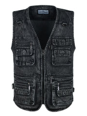 Men's Black Denim Zip-Up Vest with Multiple Pockets for Outdoor Activities