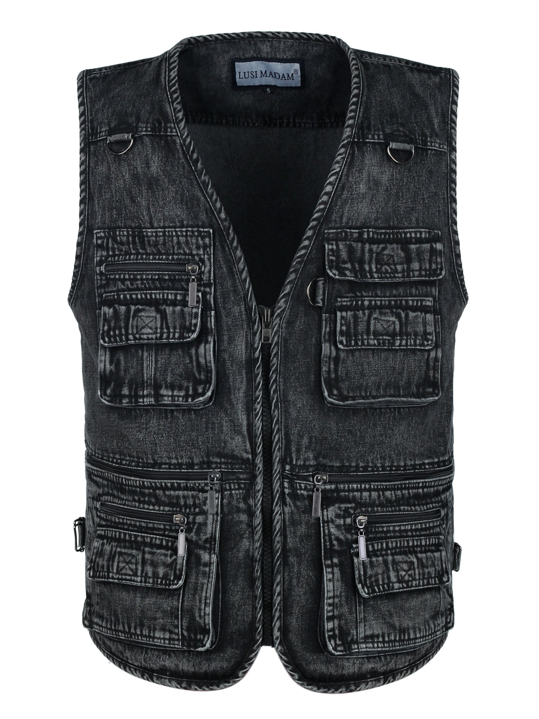 Men's Black Denim Zip-Up Vest with Multiple Pockets for Outdoor Activities