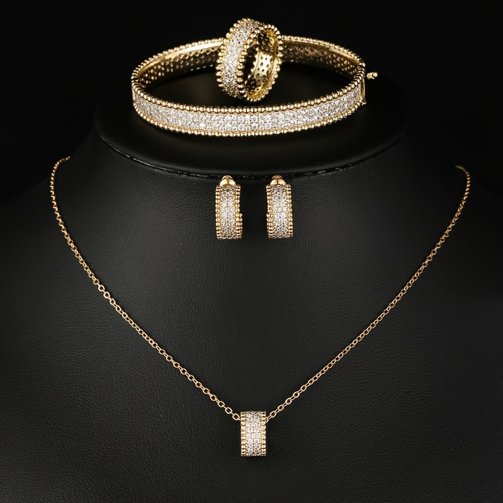 Women's Gold Plated Copper Jewelry Set with Synthetic Zirconia Necklace Earrings Bracelet Ring